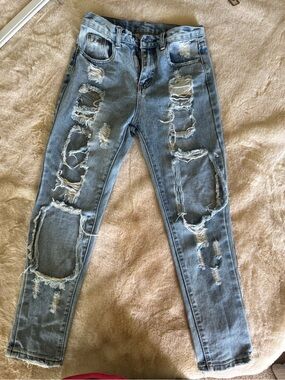 Light Blue Distressed Women’s Jeans - Casual Ripped Skinny/straight Y2K
